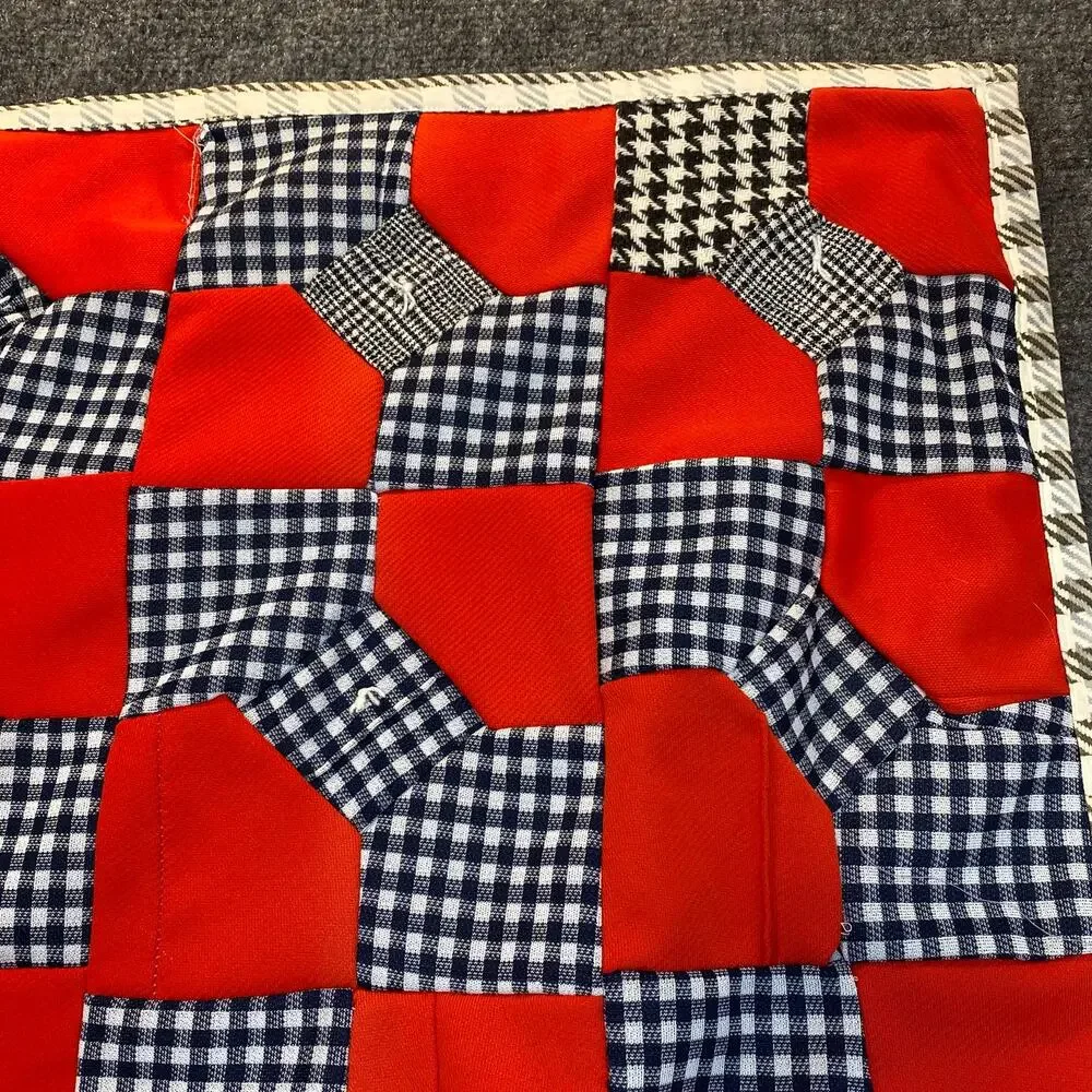 Vintage Handmade Red and Gingham Bowtie Pattern Quilt Lap Blanket 39.5